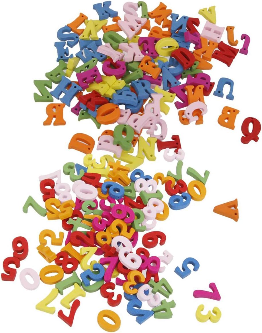 Myriad Choices 200 Pieces Colourful Numbers and Letters in Wood Flatback Buttons Furniture Crafts Accessory Creative Decoration Home