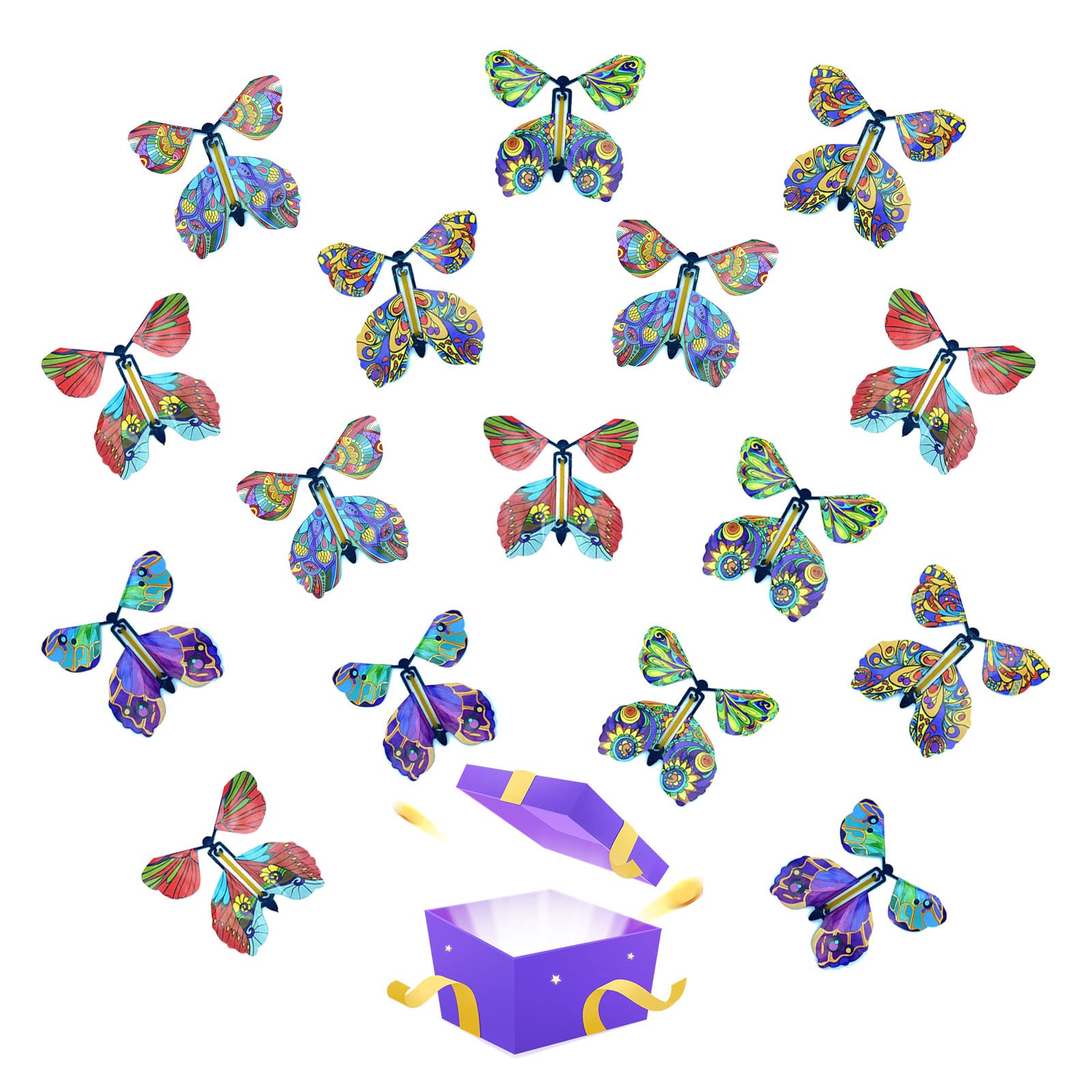 TSHAOUN 16 Pieces Magic Flying Butterfly, Clockwork Butterfly Card, Rubber Band Powered Butterfly Magic Fairy Flying Toy for Birthday Gifts, Performance Props, Children Surprise Gifts (Random Color)