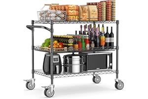Leteuke 1120LBS Heavy Duty Rolling Utility Cart,3 Tier Rolling Carts with Wheels,NSF Commercial Grade with Handle Bar & Shelf Liners,45"x25"x39" Storage Cart for Kitchen,Restaurant,Plant Display,Black