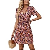 winkbay Women's Deep V Neck Puff Sleeve Dress Summer Printed A Line Short Flowy Going Out Dresses