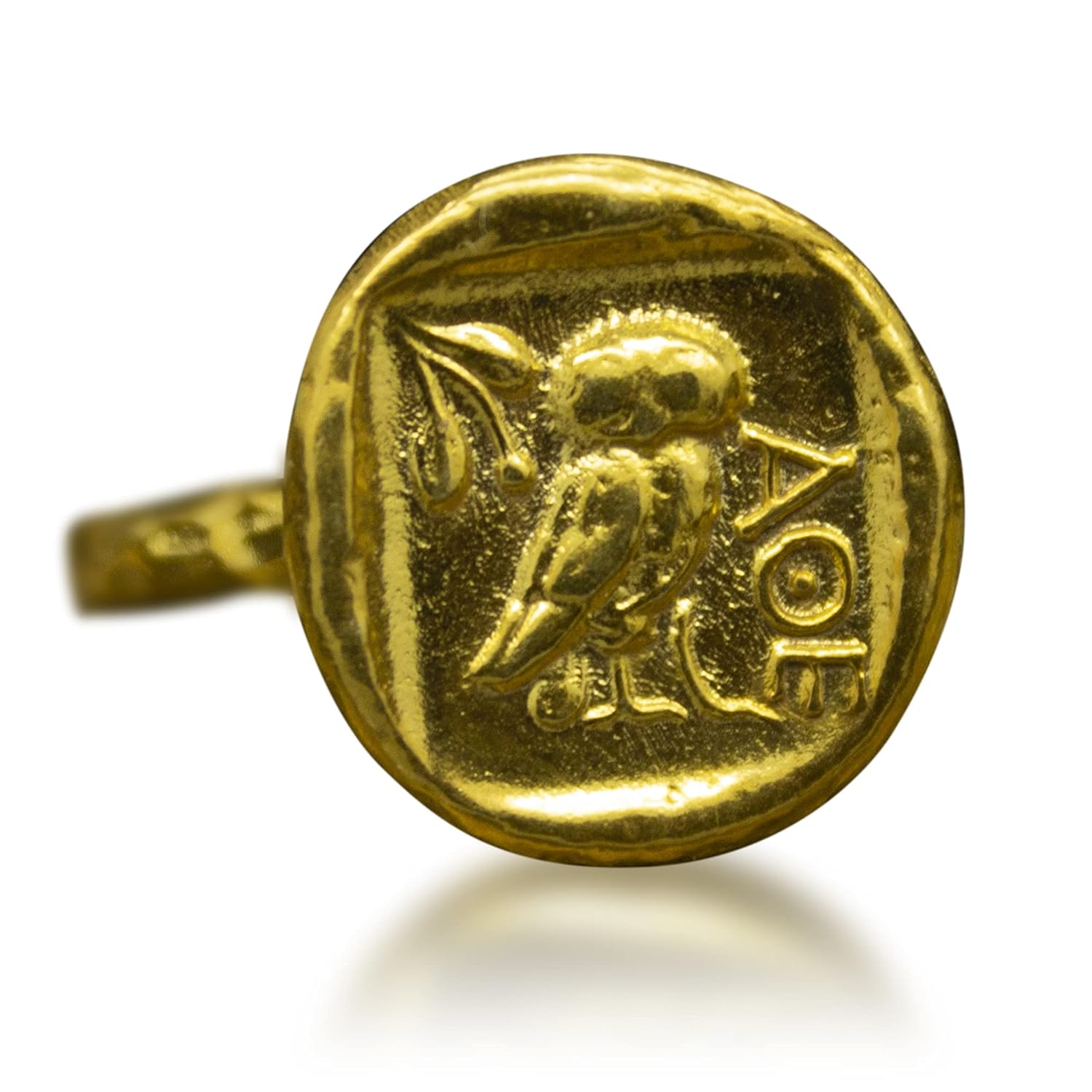 Roman Art Owl Coin Ring 24K Gold Plated 925 Sterling Silver Greek Owl