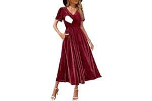 CzzzyL Women's Nursing Short Sleeve V Neck Velvet Maxi Dress Flowy Wedding Party Dresses with Pockets