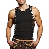GORGLITTER Men's Grommet Cropped T Shirt Y2K Going Out Lace Up Crew Neck Sleeveless Shirts Party Club Tank Tops