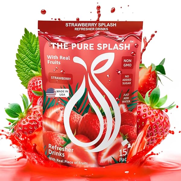 REFRESHER DRINK STRAWBERRY SPLASH – NATURAL STRAWBERRY MIX WITH REAL FRUIT PIECES – ZERO SUGAR, LOW-CALORIE, NON-GMO – HYDRATE BOOST & LIQUID HYDRATION SUPPORT – 15 PACKETS