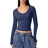 QINSEN Women Double Lined Fitted Basic T Shirts V Neck Long Sleeve Crop Top