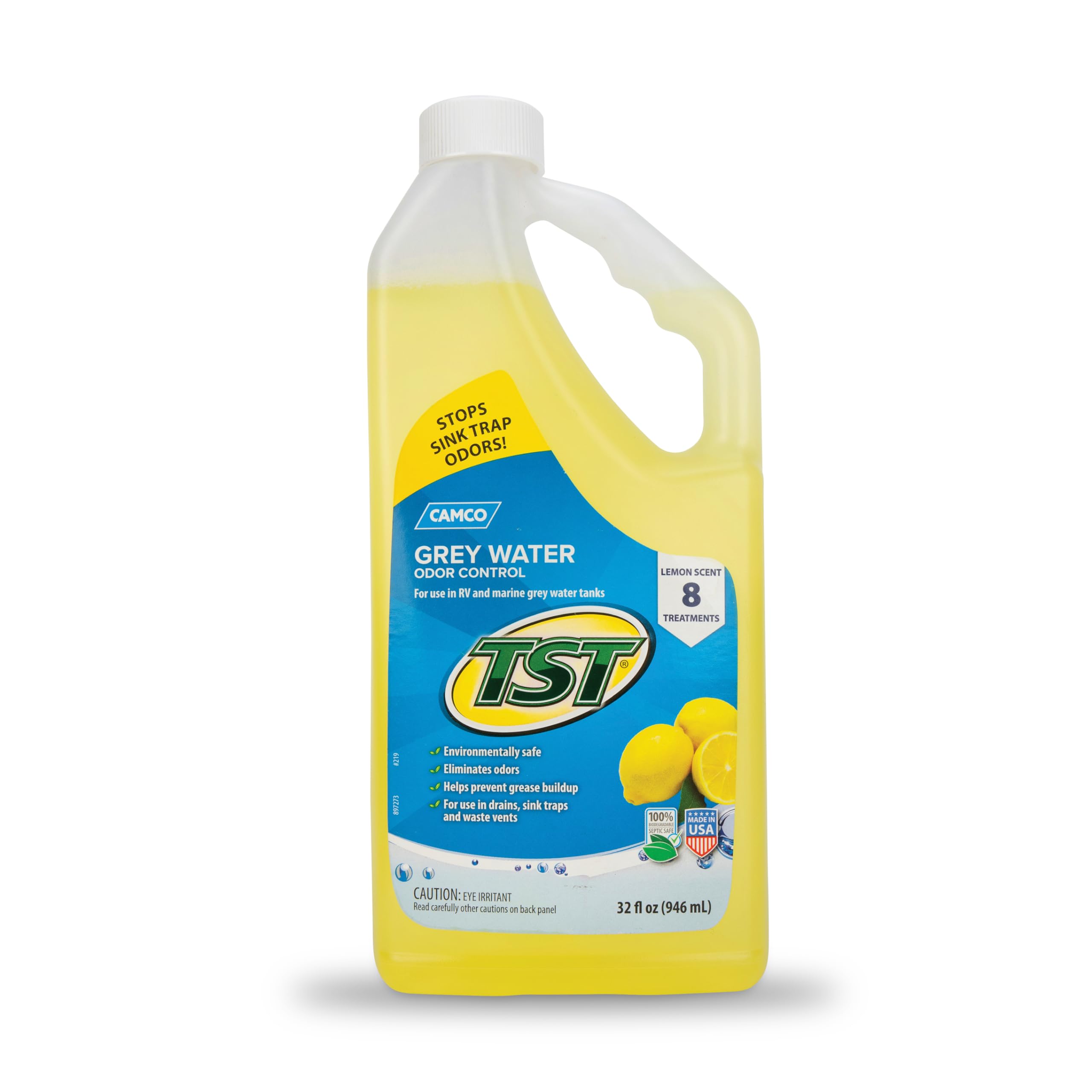 Camco TST Camper/RV Grey Water Odor Control - Features Septic Safe Biodegradable Formula - Removes Grease Build-Up in Black Water Tank, Sink & Shower Drains - Fresh Lemon Scent, 32-oz Bottle (40252)