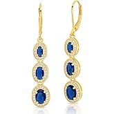 925 Sterling Silver with 18k Gold Overlay Oval Dangle Drop Earrings For Women with Simulated Emerald, Ruby, or Sapphire Graduated with Leverback by MAX + STONE