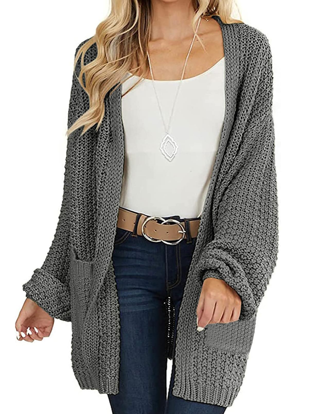 Photo 1 of MEROKEETY Women's 2025 Fall Open Front Chunky Knit Sweater Oversized Lantern Sleeve Cardigan Outwear, Darkgrey, Small