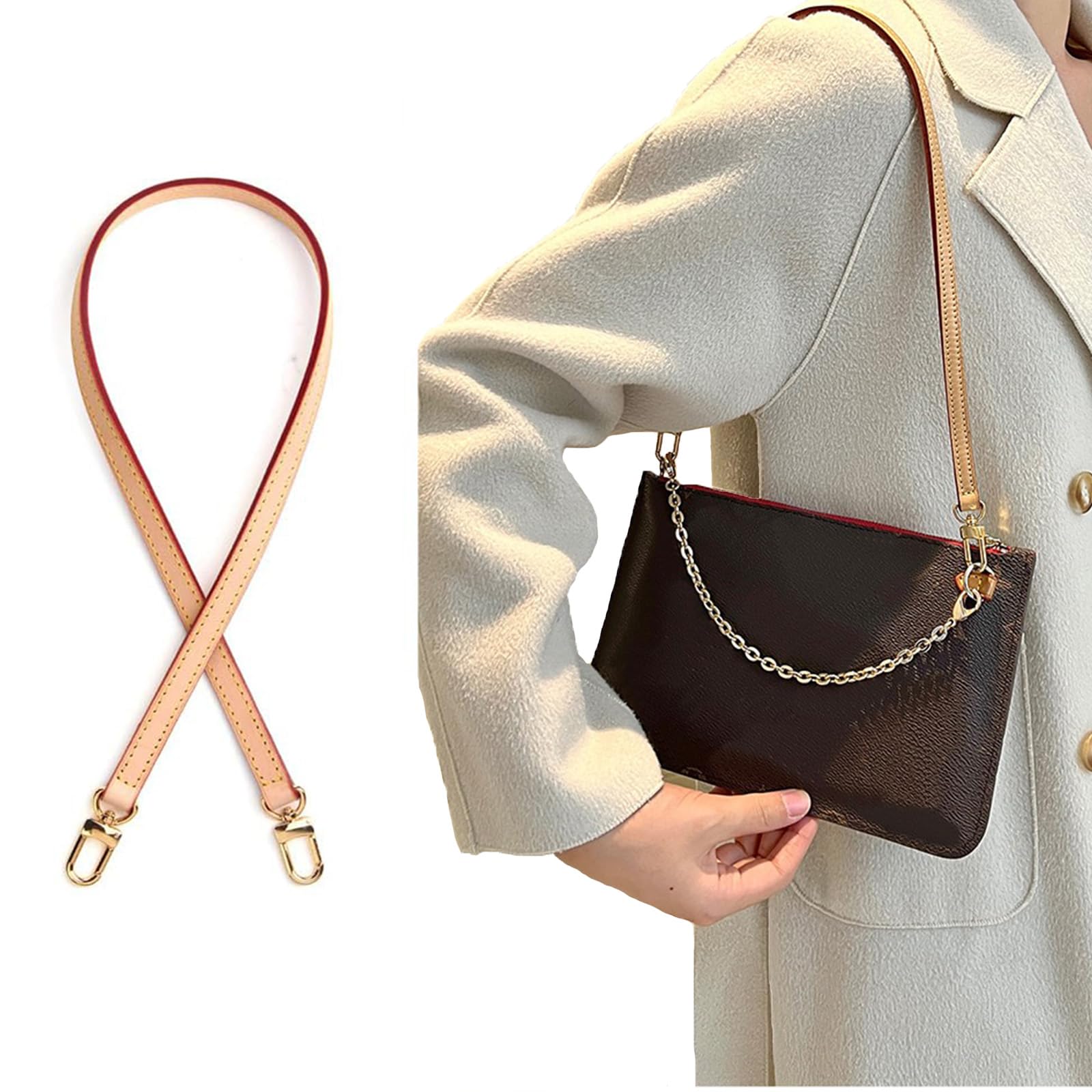 jiesinlov Genuine Vachetta Leather Replacement Bags Thin short Strap Shoulder Straps for Multi Pochette Boulogne pouchette Montaigne Accessories (Width:0.43in&Length:23.6in)