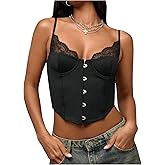 MakeMeChic Women's Lace Cami Shirt V Neck Bustier Corset Tops Spaghetti Strap Button Top