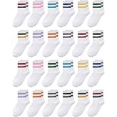Eurzom 24 Pairs Kids Striped Crew Socks Boys Girls 6-10 Years Back to School Sporty Athletic Socks Colorful Retro Stripe Athletic Hosiery for Boys Girls School Daily Wear
