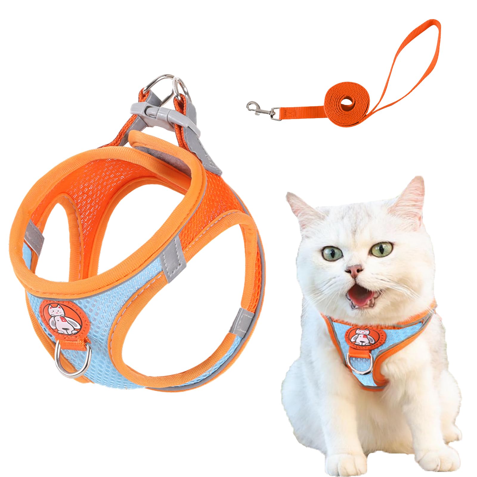 BSITSSS Cat Harness and Lead Set, Adjustable Soft Mesh Cat Harness with Reflective Strips, Escape-Proof Design, Blue & Orange, M