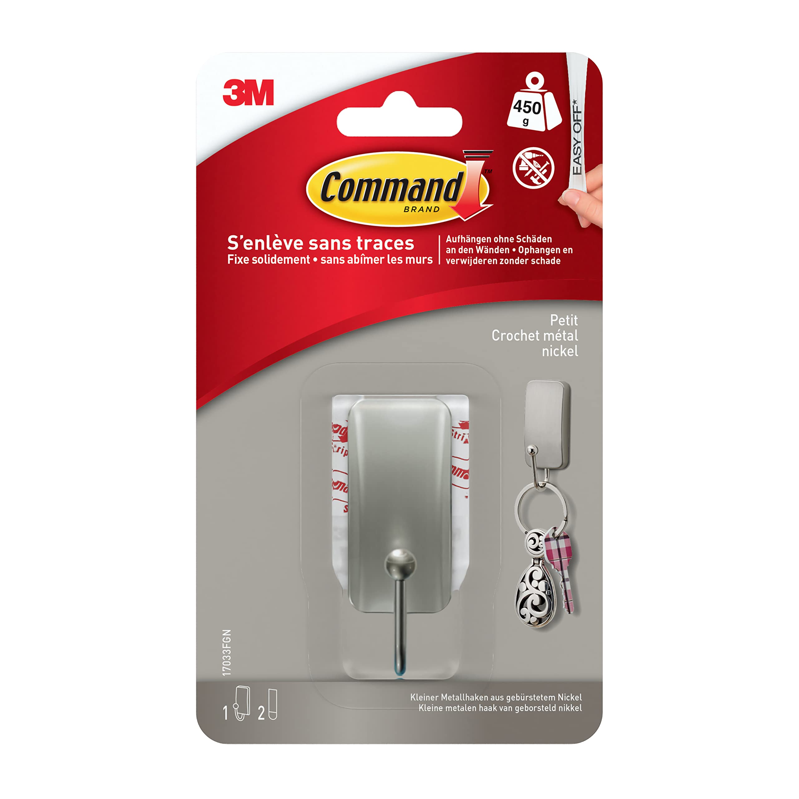 Command 17033FGN Kleiner Metallhaken in gebürstetem Nickel, 17033, 1 Haken, 2 Strips Small Metal Brushed Hook