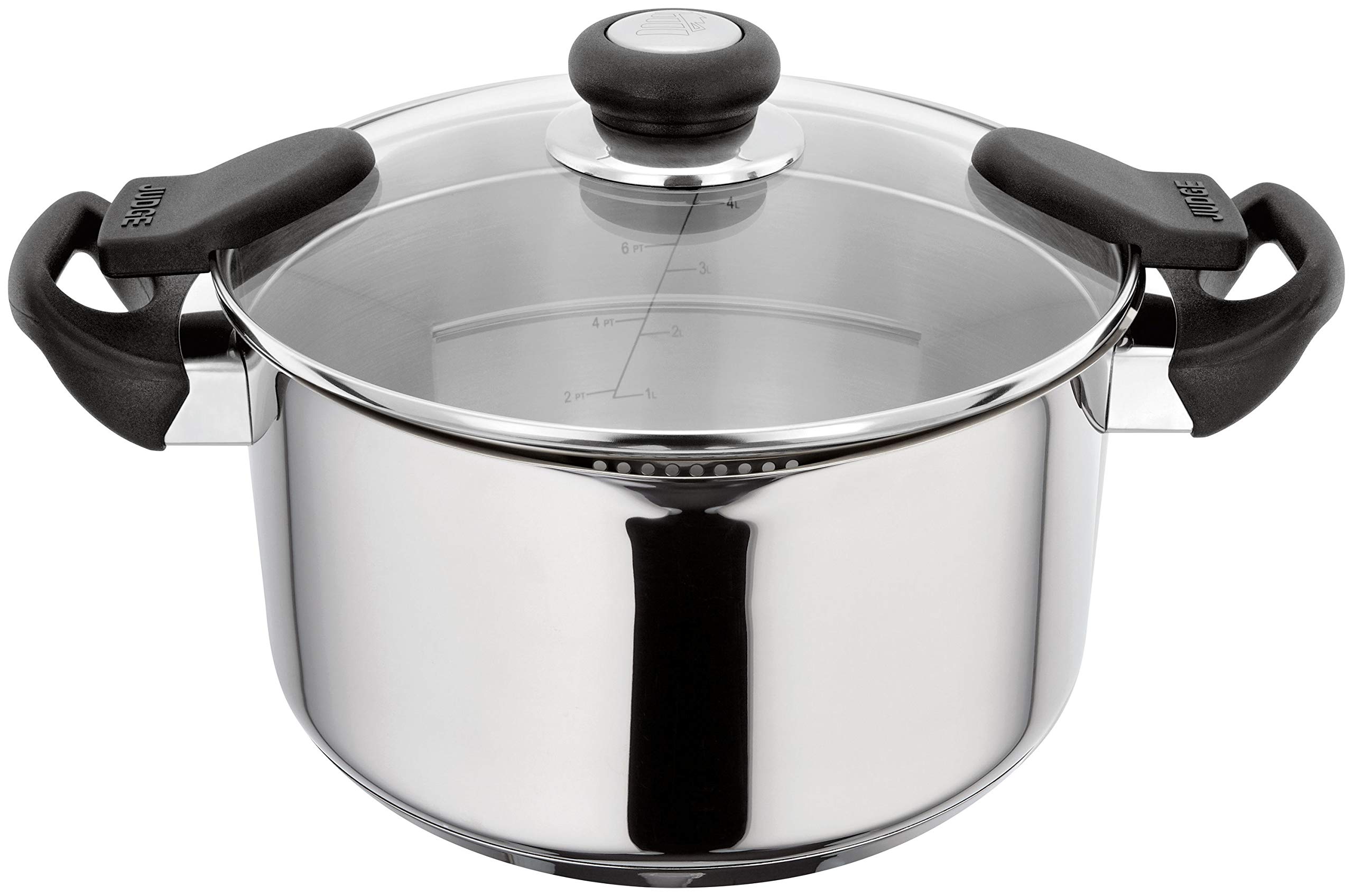 Judge Vista Draining Stainless Steel Huge Cooking Pot with Pouring Lip Draining Pan, 24cm 4L, Glass Strain & Pour Lid, Induction Ready, Oven Safe