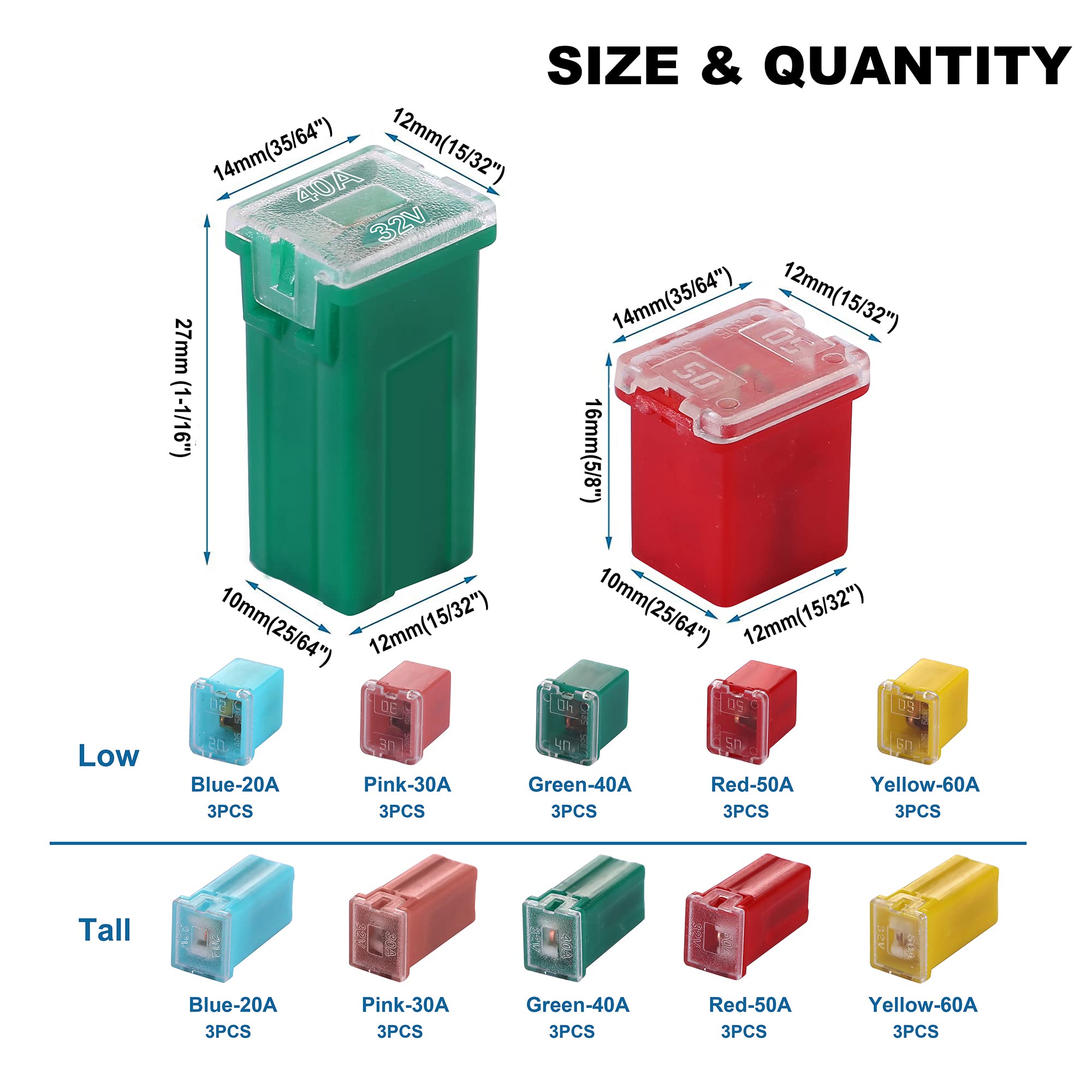 CrocSee CrocSee 30 Pieces Car Fuses Assortment Kit, Tall/Standard and Low Profile Box Shaped Automotive Fuses for Pickup Trucks, Cars, RVs, and SUVs