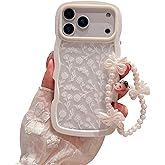 rozouai Compatible for iPhone 17 Pro Case for Women Girls,Cute Curly Wave Wavy Frame Shape Shockproof Soft TPU 2 in 1 with Bow Bracelet Flower Floral Phone Cove for Women Girl