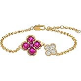 MYEARS Flower Bracelet for Women Gold Sideways Double Four-leaf-clover Link Charm 12 Month Birthstone Cubic Zirconia 14K Simple Dainty Thick Chain Floral Lucky Jewelry Gift