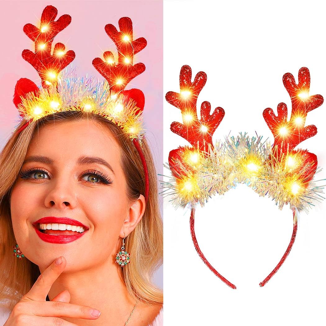 Fashband Christimas Headbands Deer Ears Headband Glitter Headpiece Hair Hoops for adults Christmas(Red)