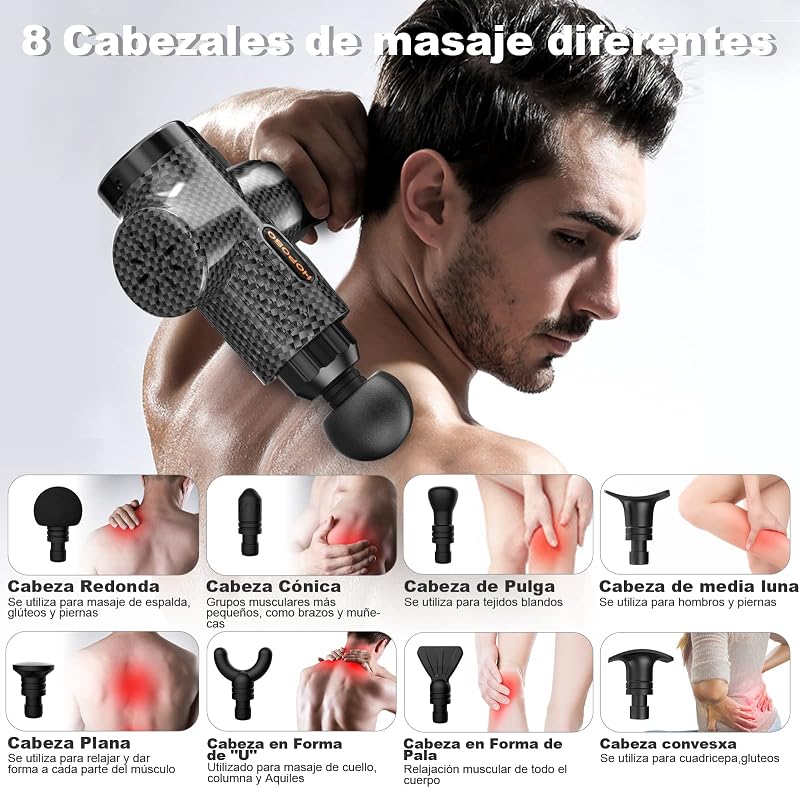 Pistola de Masaje Muscular, Eléctrica Masajeador de Músculos de Tejido Profundo Hasta 4800 RPM, 30 Velocidades, 8 Cabezales, Pantalla LCD Táctil, Carga Tipo C(Negro Carbón)