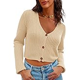 Saodimallsu Womens Cropped V Neck Cardigan Sweaters Long Sleeve Button Down Chunky Ribbed Knit Loose Crop Sweater Tops