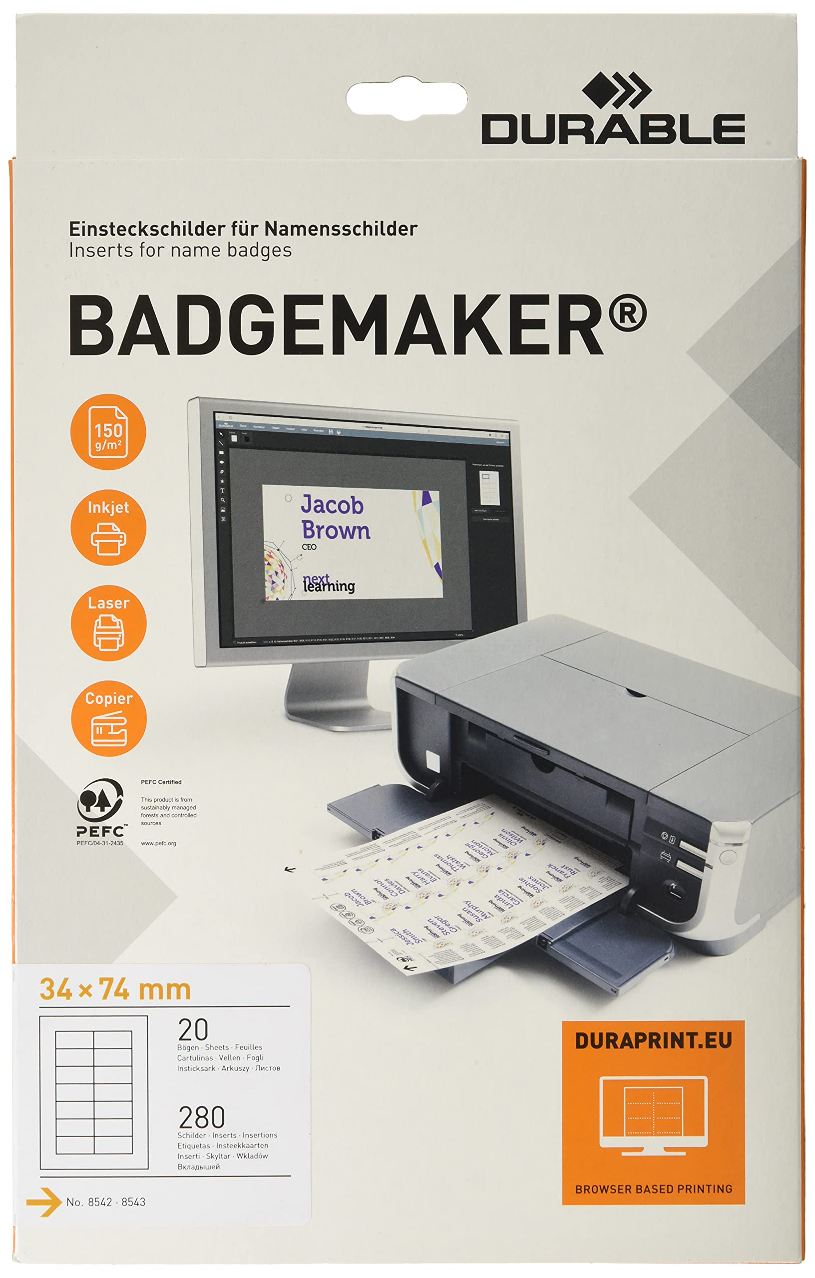 Durable 142502 Badgemaker, PrinTable Name Badge Insert Sheets, 34 x 74 mm - 280 Inserts