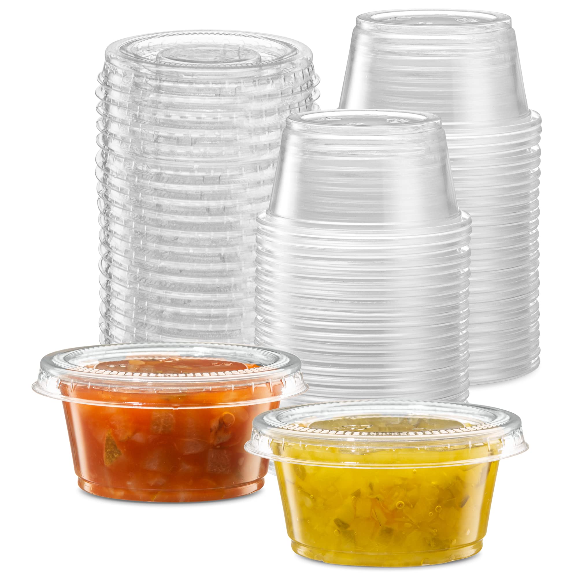 Photo 1 of (2 oz - 100 Sets) Clear Diposable Plastic Portion Cups With Lids, Small Mini Containers For Portion Controll, Jello Shots, Meal Prep, Sauce Cups, Slime, Condiments, Medicine, Dressings, Crafts,