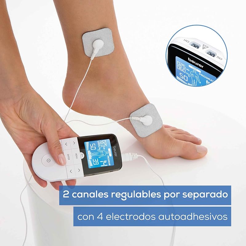 Beurer em 49 tens/ems digital, dispositivo de corrente de estimulação 3 em 1 para alívio da dor e treinamento, função de massagem, inclui 4 eletrodos, branco