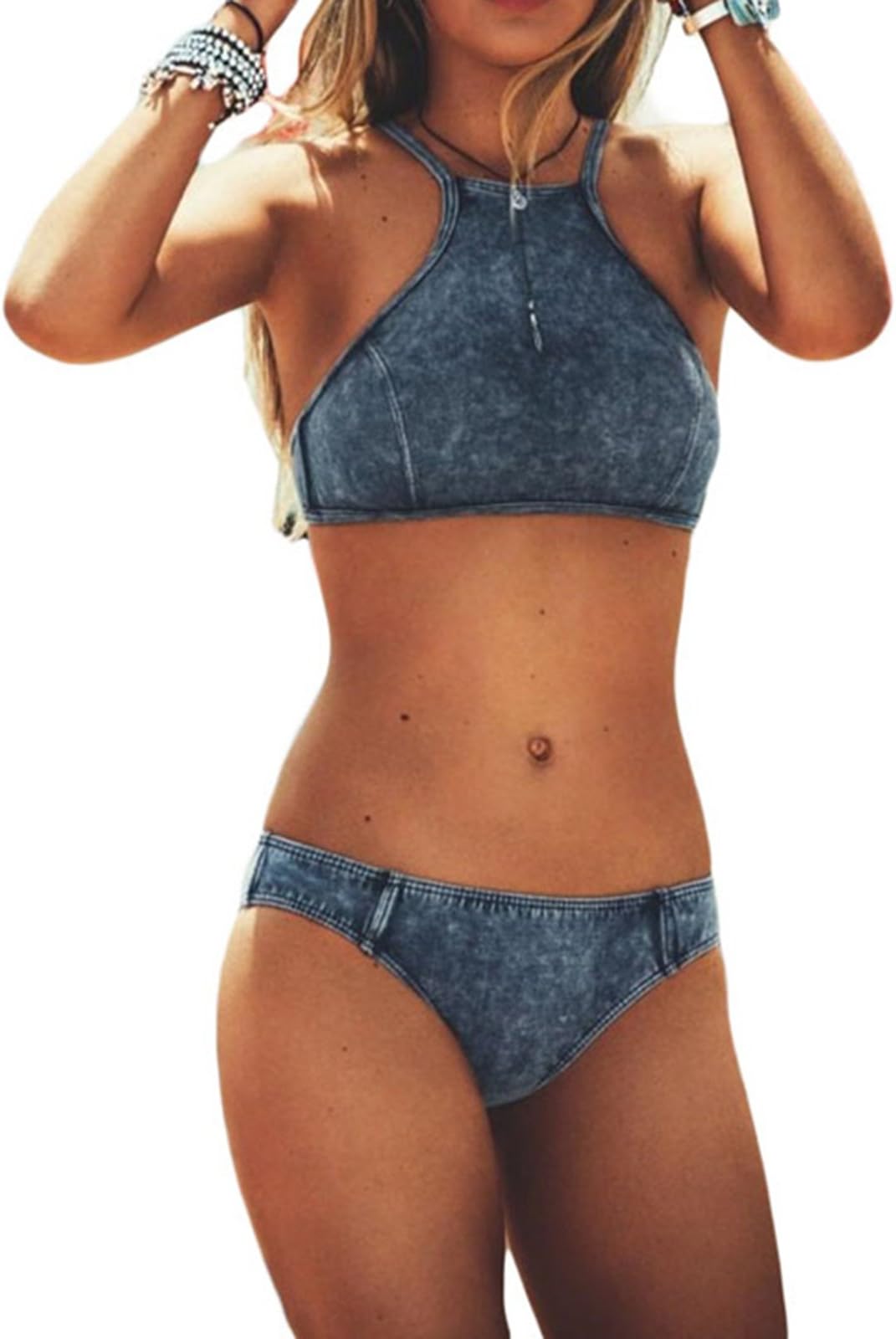 Yonas Women's Denim Blue Bikini High Neck Halter Bathing Suit(SIZE L)