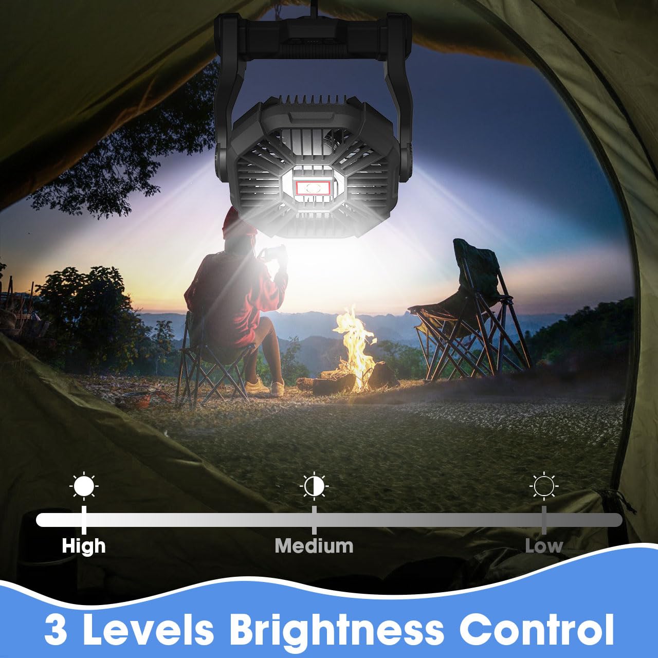 Portable Camping Fan with LED Light, 20000mAh Rechargeable Battery, Adjustable Brightness & Speed, Hanging & Handheld Design, Long-lasting Power for Camping, Hiking, Fishing, Travel, and Home（Black）