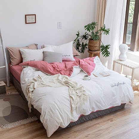 Amazon 春夏秋冬 布団カバーセット 無地 英語柄 北欧風 寝具カバー ダブル ベッドシーツ 防ダニ 保温 防寒 マイクロファイバー 静電防止 ふわふわ 姬系 来客用 ベッドルーム 家庭用 新居 敬老の日 ピンク 寝具カバーセット オンライン通販