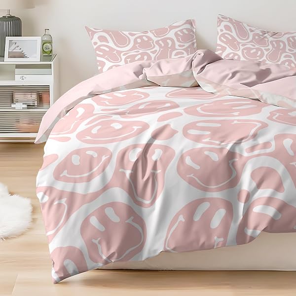 WATBRO KID’S DUVET COVER KING SIZE, RETRO HIPPIE BEDDDING SET, 3PCS SOFT MICROFIBER BEDDING SET WITH ZIPPER CLOSURE&CORNER TIES, GIRL BEDDING WITH PILLOWCASE – PINK, KING