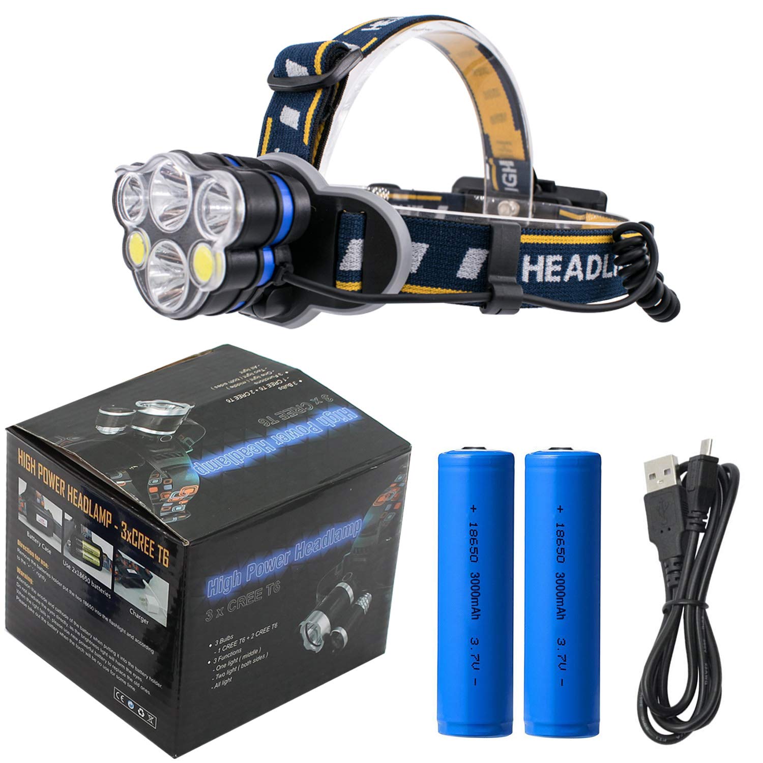 LED Headlamp Flashligh CREE 6 LED Lamp 8 Modes Waterproof USB