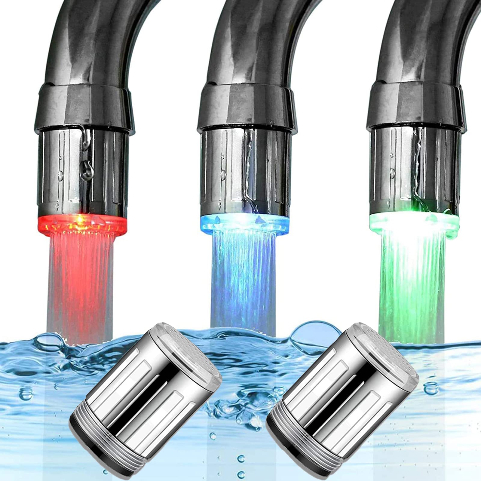 2 Pack LED Water Faucet, 3 Color Temperature Sensitive LED Water Tap Light Water Stream Color Changing Faucet Tap for Kitchen and Bathroom