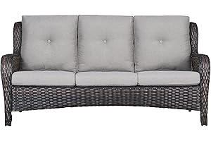 PUGIRE Outdoor Couch Wicker Patio Sofa - 3-Seater Rattan Patio Furniture Conversation Sofas with Deep Seating and Comfortable Cushions for Porch Deck Balcony Garden(Brown Wicker/Beige Cushion)