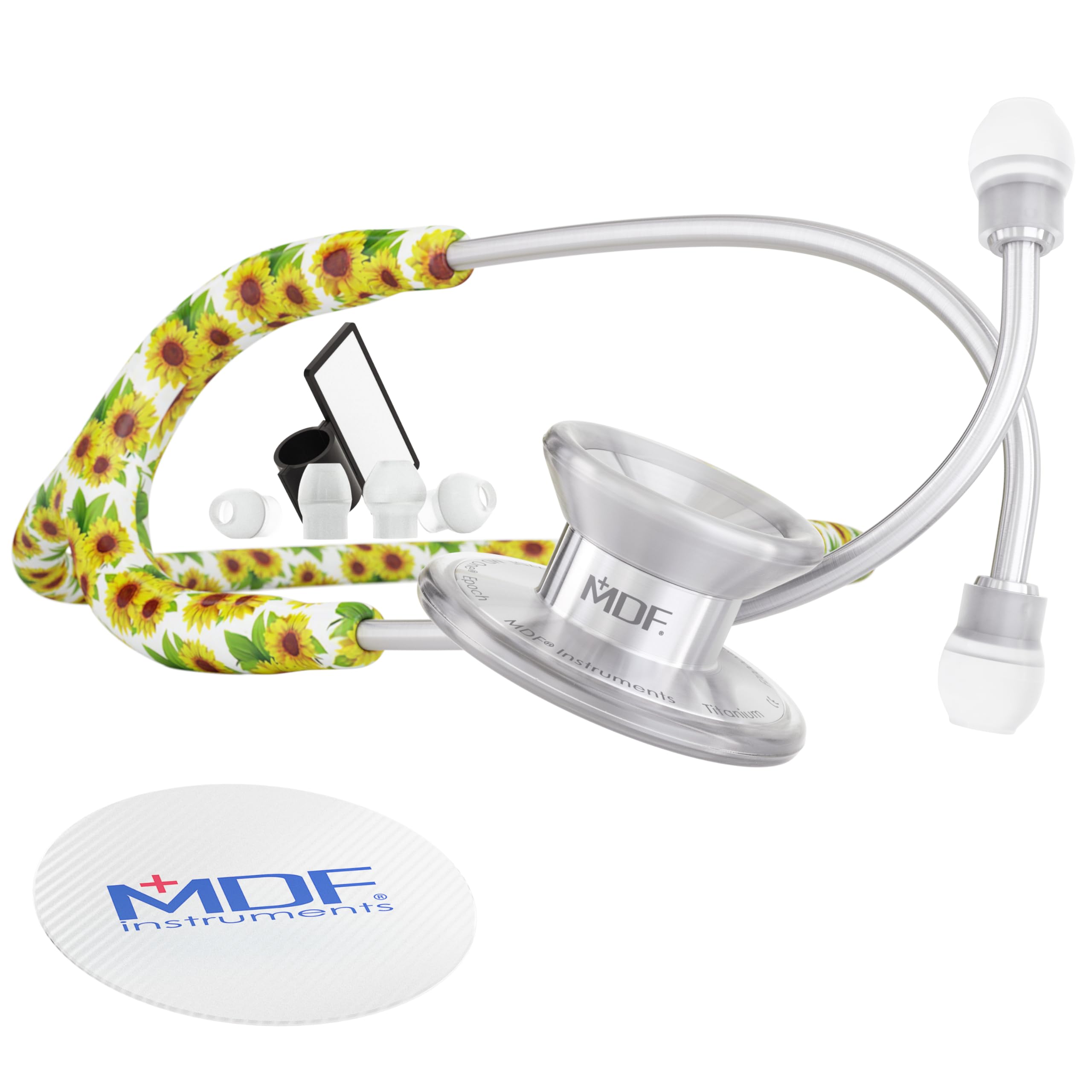 MDF Instruments, MD One Epoch Lightweight Titanium Stethoscope, Adult, Sunflower Tube, Silver Chestpieces-Headset, MDF777TF