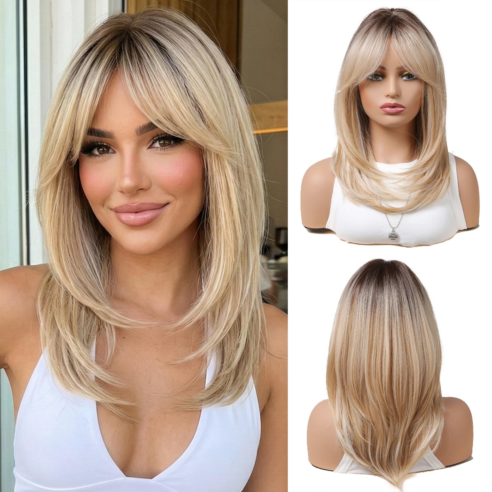 OUFEI Ombre Blonde Wigs for Women Long Straight Layered Synthetic Wig Slightly Curved Hair Ends with Dark Roots for Daily Party Use — image 1