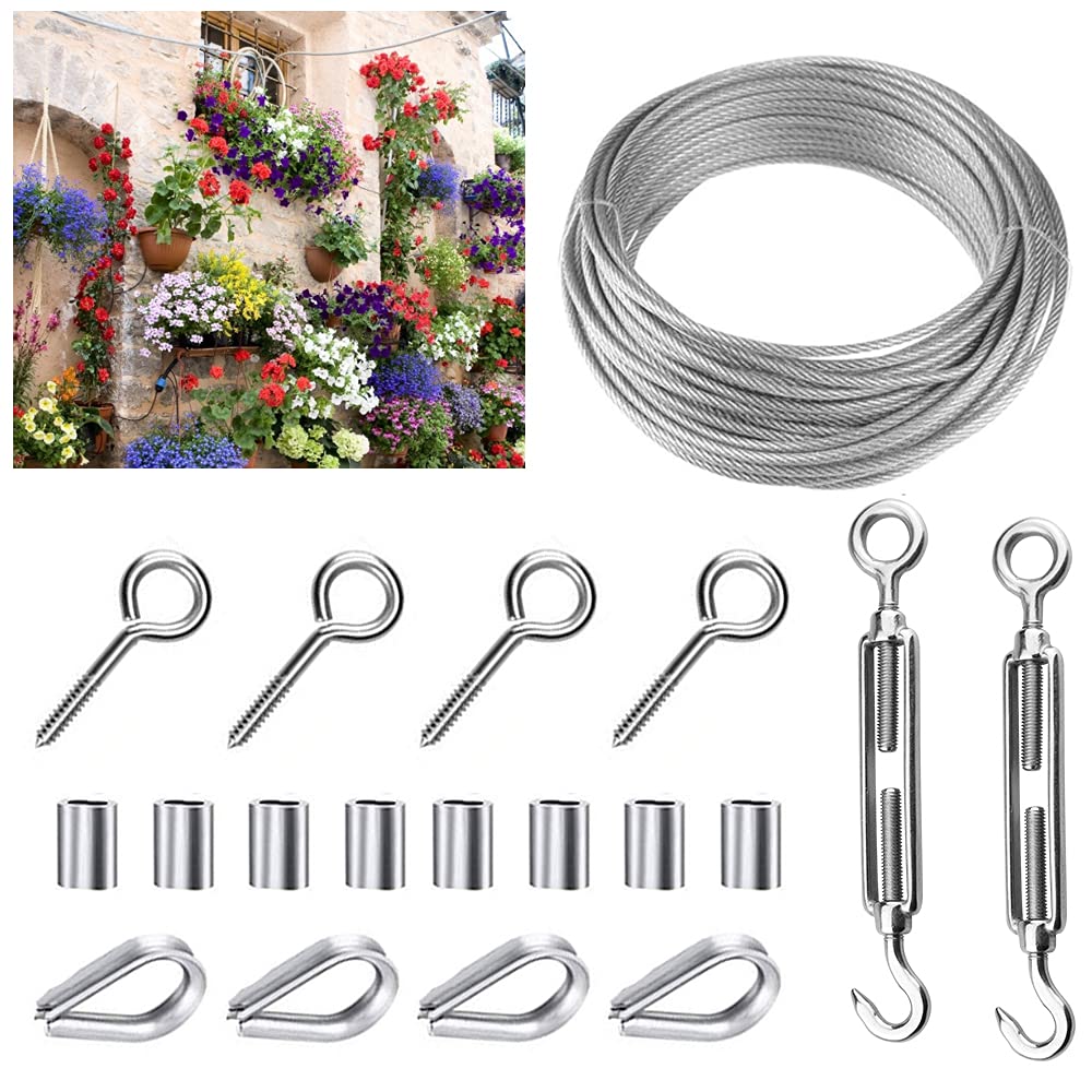 STCRERAG 19 Pcs Catenary Wire Kit, 15m Wire Rope Garden with Stainless Steel Turnbuckle Eye Bolts Wire Tensioner Sleeves Wire Wire Fence Roll Kit for Picture Wire Outdoor Light Hanging Plants Climbing