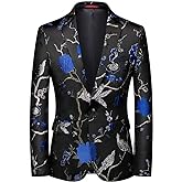 Cloudstyle Mens Embroidery Tux Blazer Formal Print Prom Dinner Suit Jacket | Polyester fabric with full lining notched lapel one button closure floral bird print flap pockets for party show homecoming