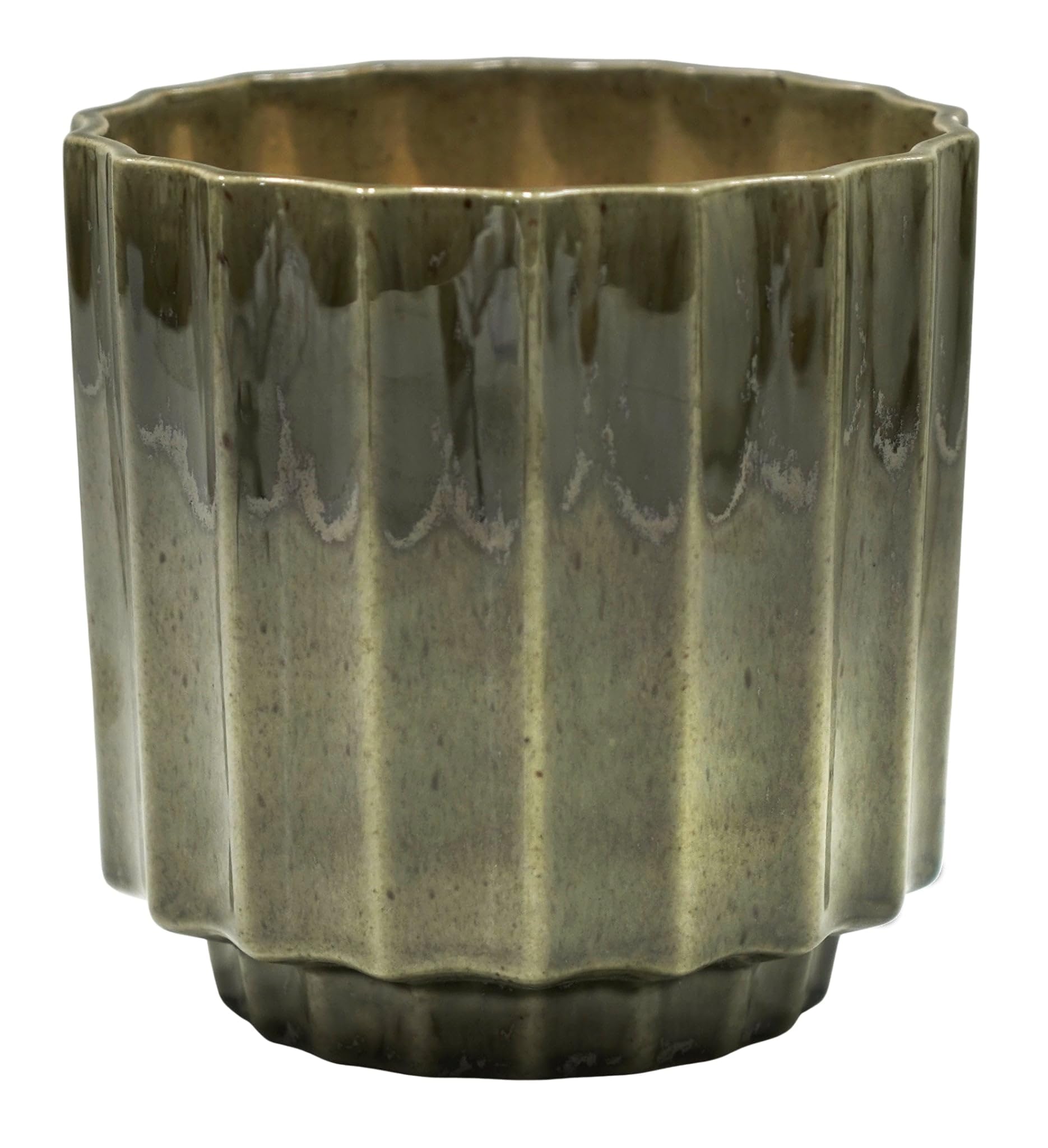 Ivyline Lugano Scalloped Reactive Planter in Green - Waterproof and Lightweight - Indoor Ceramic Houseplant Pot with Reactive Glaze - H16cm x D16cm