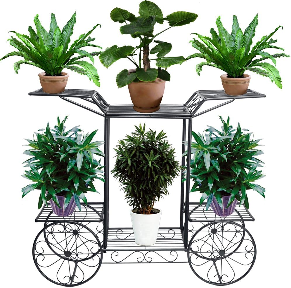 Blumentreppe 2 Ebenen, Aus Metall, Blumenständer für innen und außen, HBT: ca. 67x 79 x 25 cm (Schwarz)