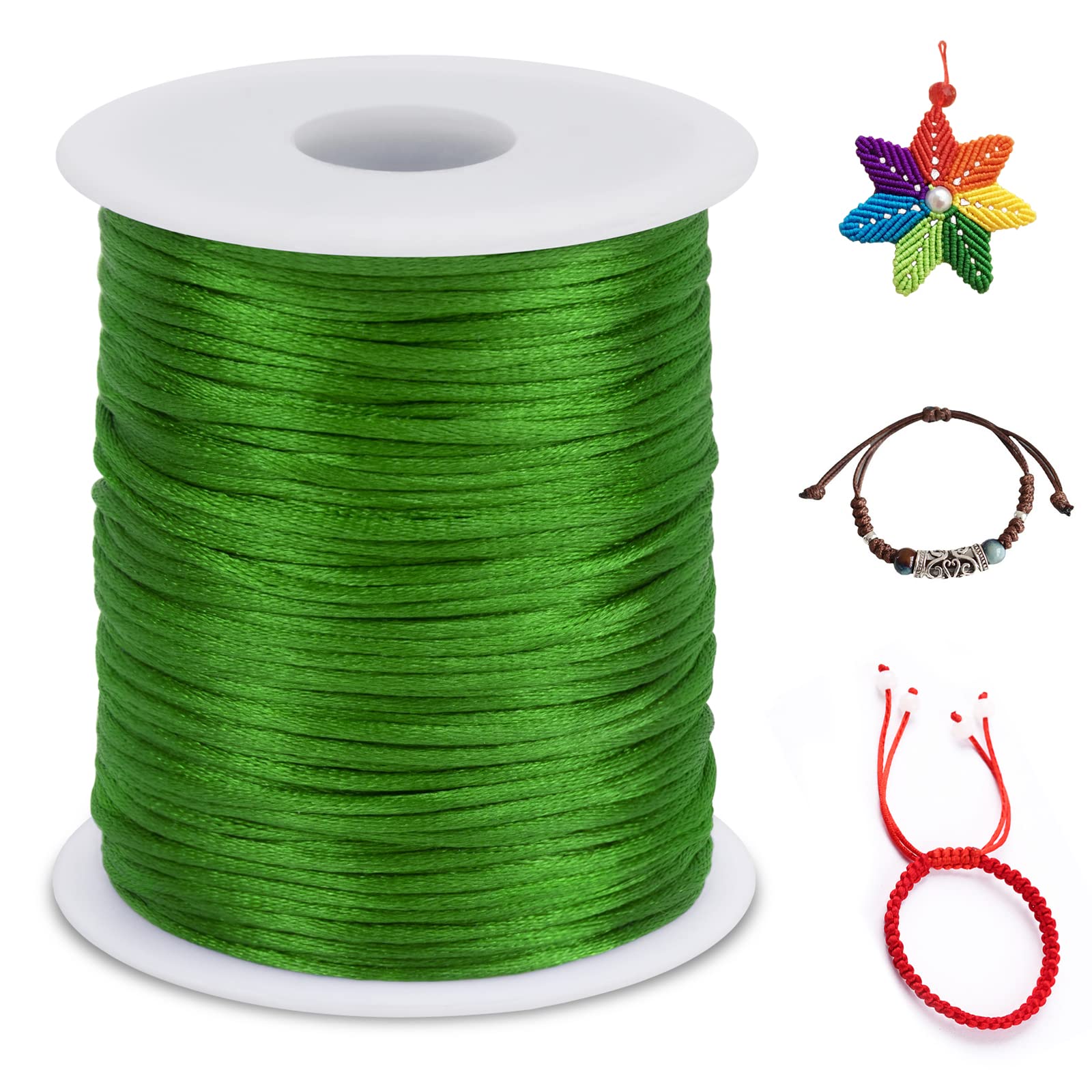 LEREATI Nylon Cord 1.5mm x 100m, Satin Cord Nylon String Macrame Cord, Coloured Beading Thread String for Making Bracelet, Necklace, Chinese Knot, Jewellery (Green)