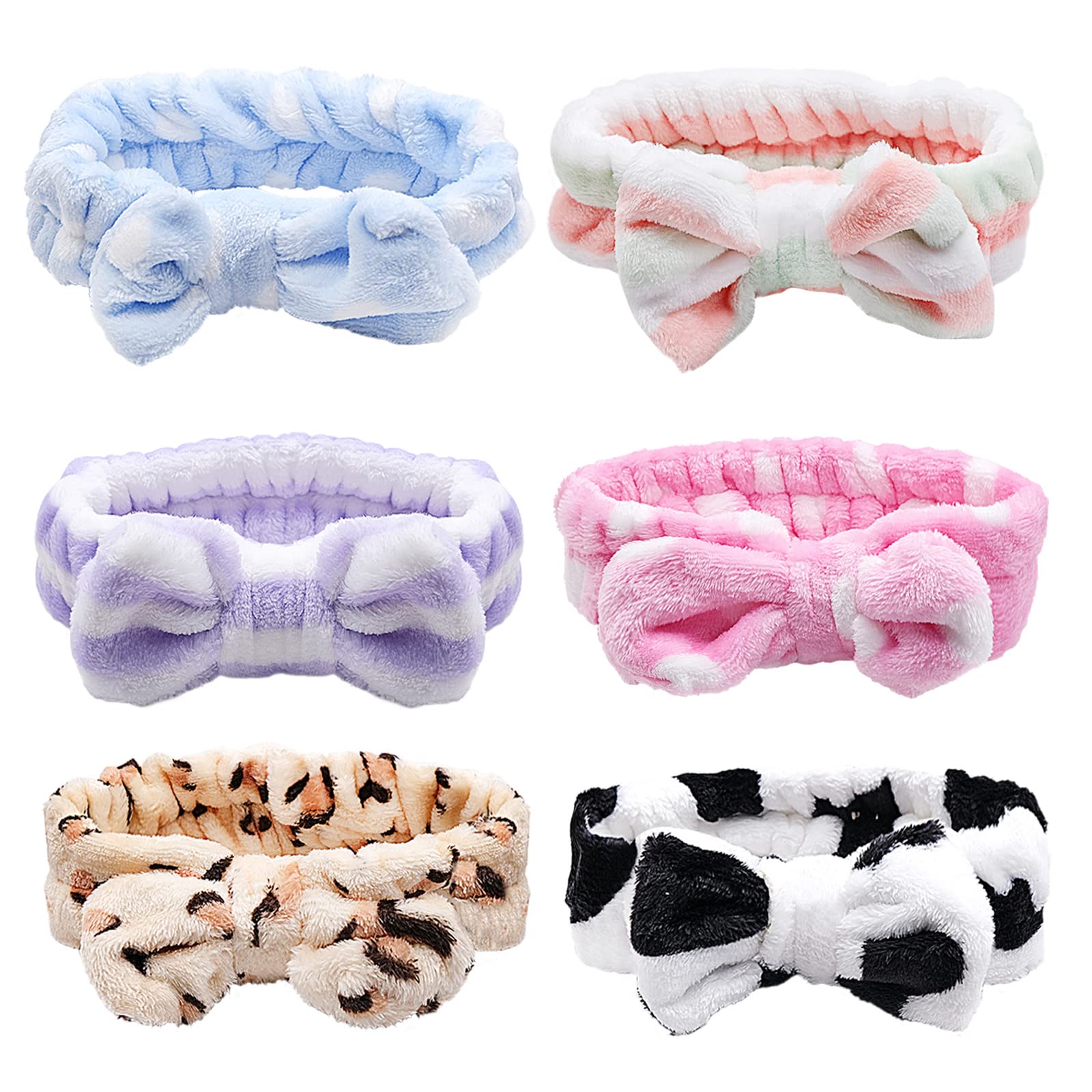 6 Colors Bowknot Hair Bands, Spa Headband Women Soft Coral Fleece Elastic Headbands for Yoga Sports Shower Beauty Facial Skincare Makeup Wash
