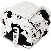 blunique Cow Print Heated Blanket Twin-Heating Electric Blanket Twin with 10 Heat Levels & 10 Hours Auto-Off, Cozy Soft Fleece Sherpa, Washable, 62 x 84 Inches Cow Print White
