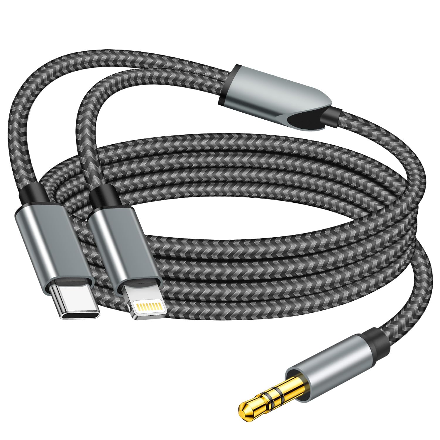 Photo 1 of 2 in 1 Aux Audio Cable, USB C to 3.5mm Aux Audio Cable, Lightning to 3.5mm Audio Cable Fit with iPhone 16/15/14/13/12/11/XR, Galaxy S24/S23/S22/S21, Pixel 9/8/7/6/5, iPad to Car Stereo Speaker 4FT