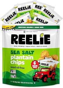 Reelie Plantain Chips, Sea Salt, 6 Individual 1 oz Bags for Lunchboxes | 6-Pack in 1 Box Plantain Chips Individual Bags for L
