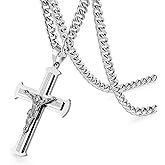 HZMAN Jesus Cross Necklace for Men Stainless Steel Large Crucifix Cross Necklace Pendant Christian Jewelry Gift with 24Inch Cuban Chain