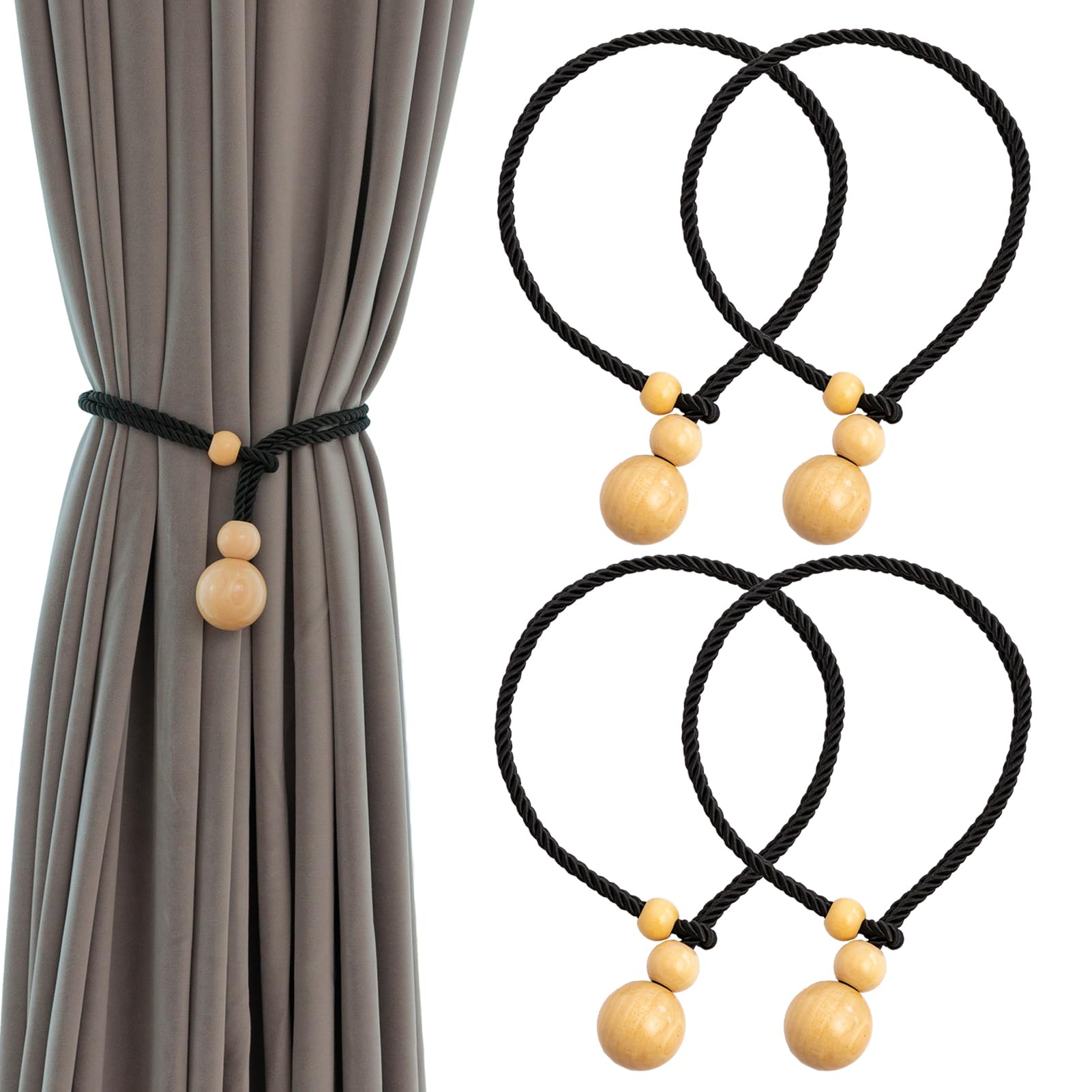 Photo 1 of Contoeey Elegant Curtain Tiebacks Rope Drape Tie Back Holder Natural Curtain Ties Window Treatment Holdbacks Wooden Balls,Black 4pack