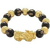 KINLNGEE Feng Shui Obsidian Bracelet, Feng Shui Wealth obsidian Bracelets with 24K Gold Plated Pixiu & Gold Plated Beads for Protection Can Bring Luck and Prosperity for Men/Women, Mantra Prayer Beads BraceletsJewelry Gifts(12mm)