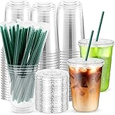 Etersky 50PCS 14 oz Clear Plastic Cups with Lids and Dark Green Straws, Round Bottom Disposable To Go iced Coffee Cups, BPA Free Bubble Tea Smoothie Cups for Coffee Shops, Picnic, Christmas, Holiday