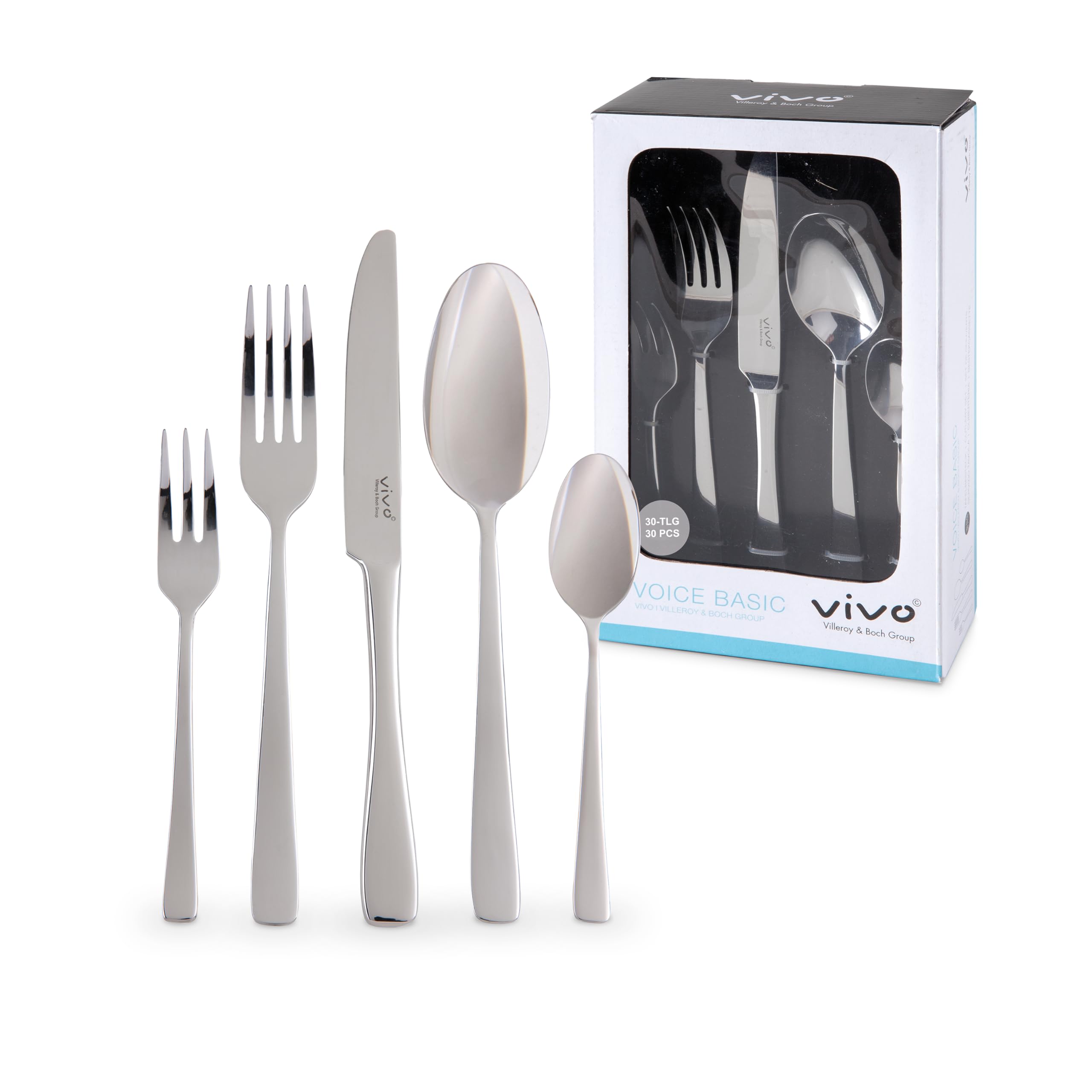 vivo by Villeroy & Boch - Voice Basic table cutlery, 30 pcs, for up to 6 people, stainless steel, rustproof, dishwasher-safe, Silver